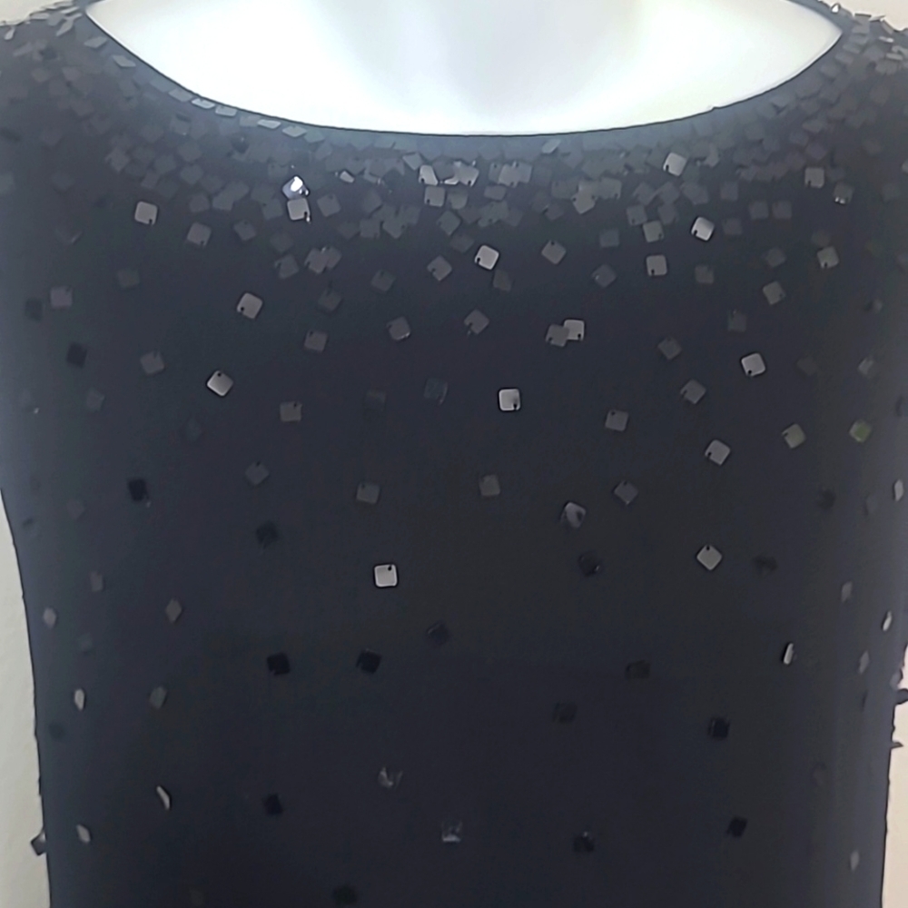 Dress Sequin Slip Black  Lined Chiffon Sheer Cocktail Vintage Sleeveless EUC